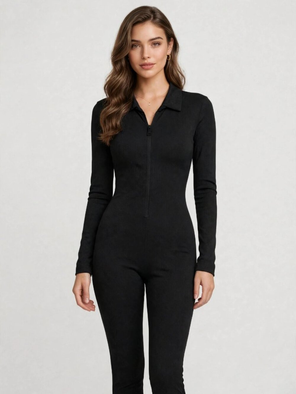 H&M Black Ribbed Zip Front Jumpsuit - Size L - Collared Long Sleeve Catsuit
